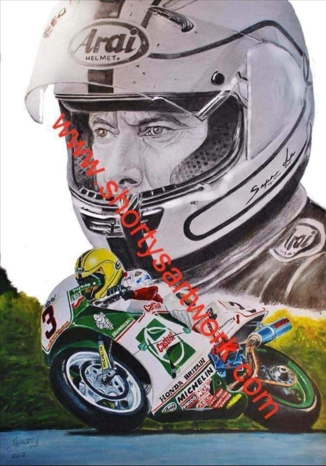 The number 3 Honda RC30 beneath a graphite portrait of Joey Dunlop