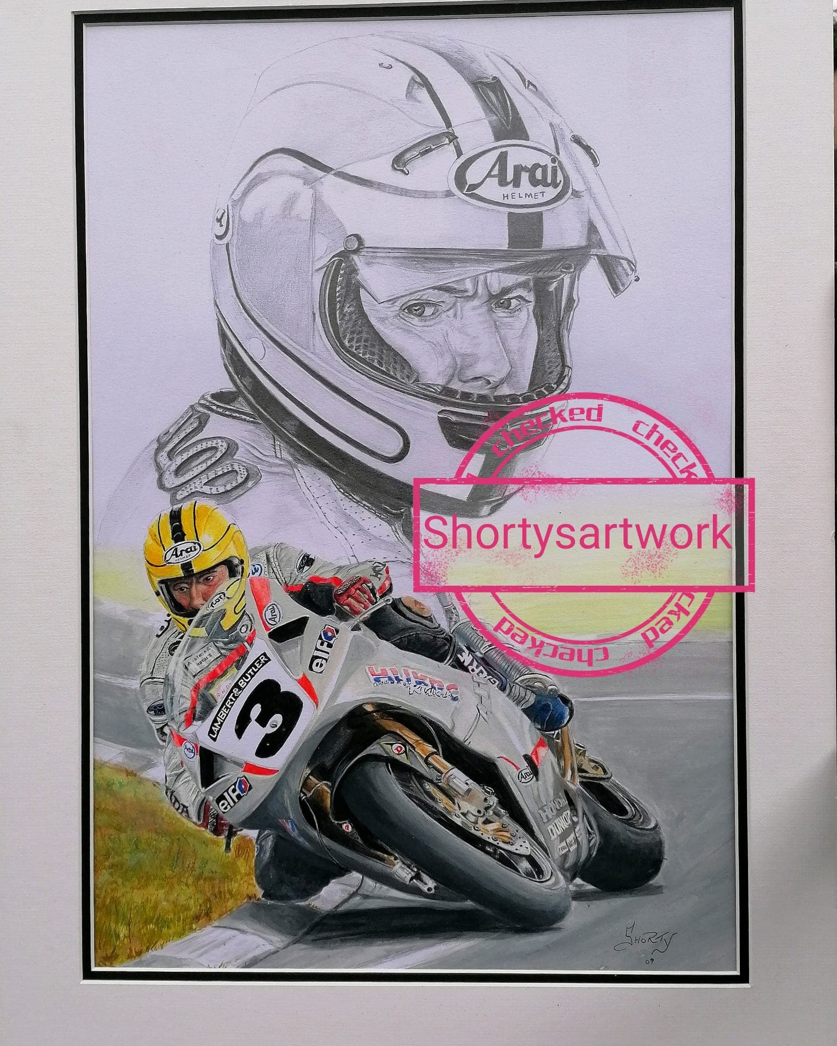 The Honda RC45 cornering beneath a pencil portrait of Joey Dunlop