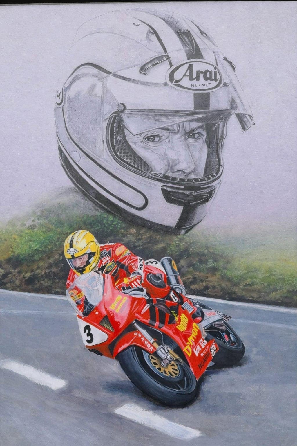 Joey Dunlop aboard the Honda SP1 at full lean in race livery