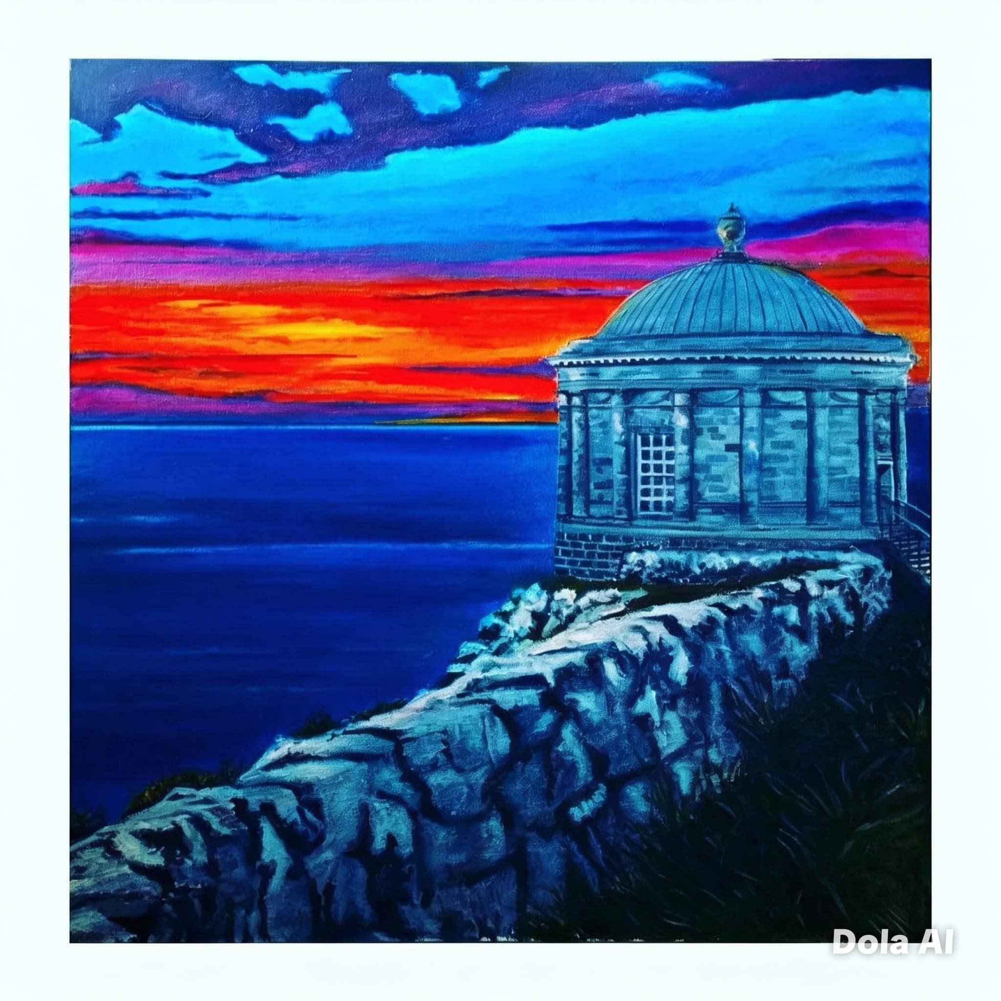 Mussenden Temple on the cliff edge at sunset, Downhill Demesne
