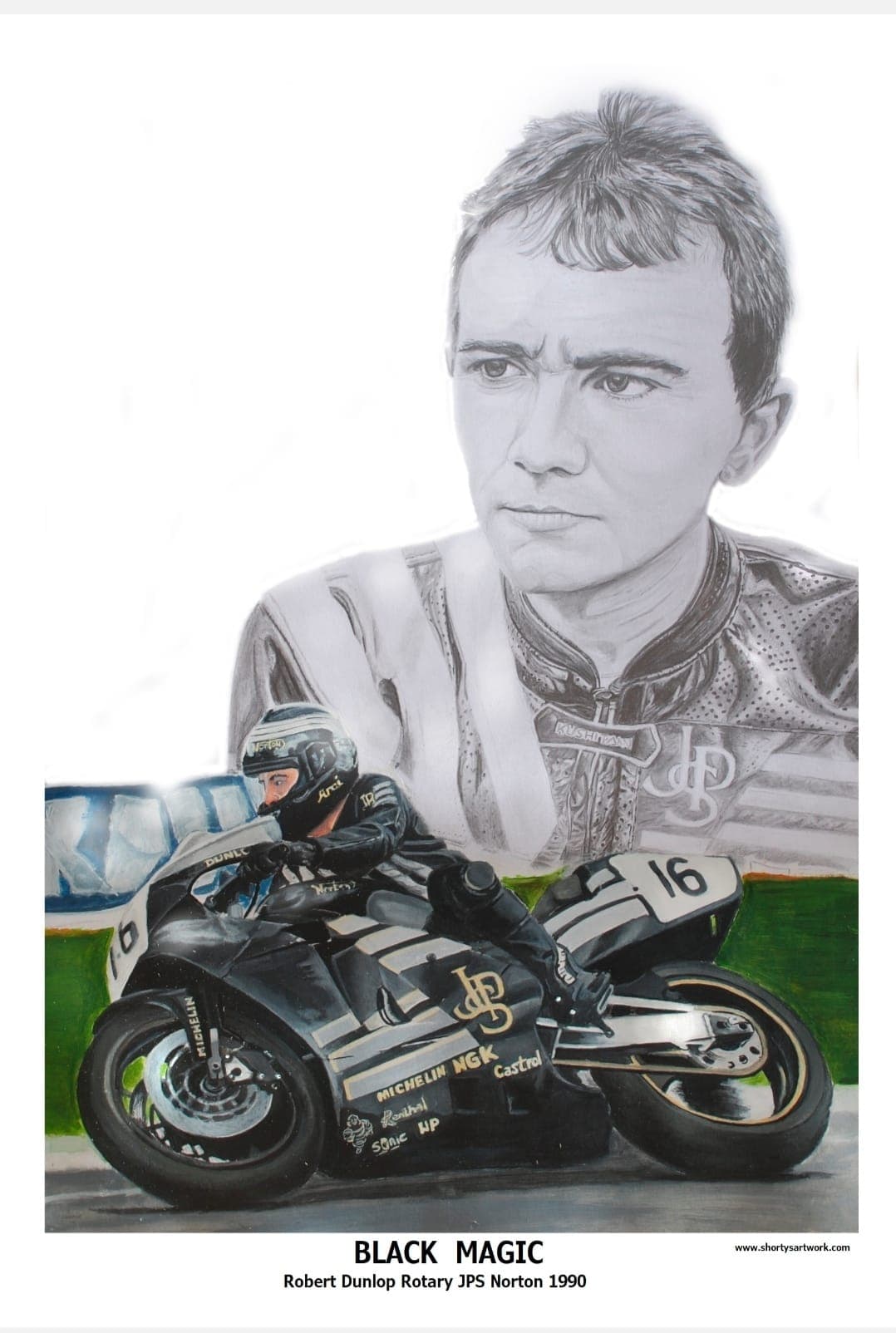 The black-and-gold number 16 JPS Norton beneath a portrait of Robert Dunlop