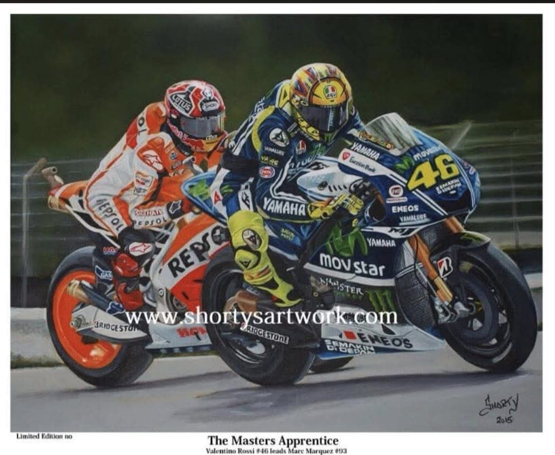Valentino Rossi (#46) leading Marc Márquez (#93) in a MotoGP duel